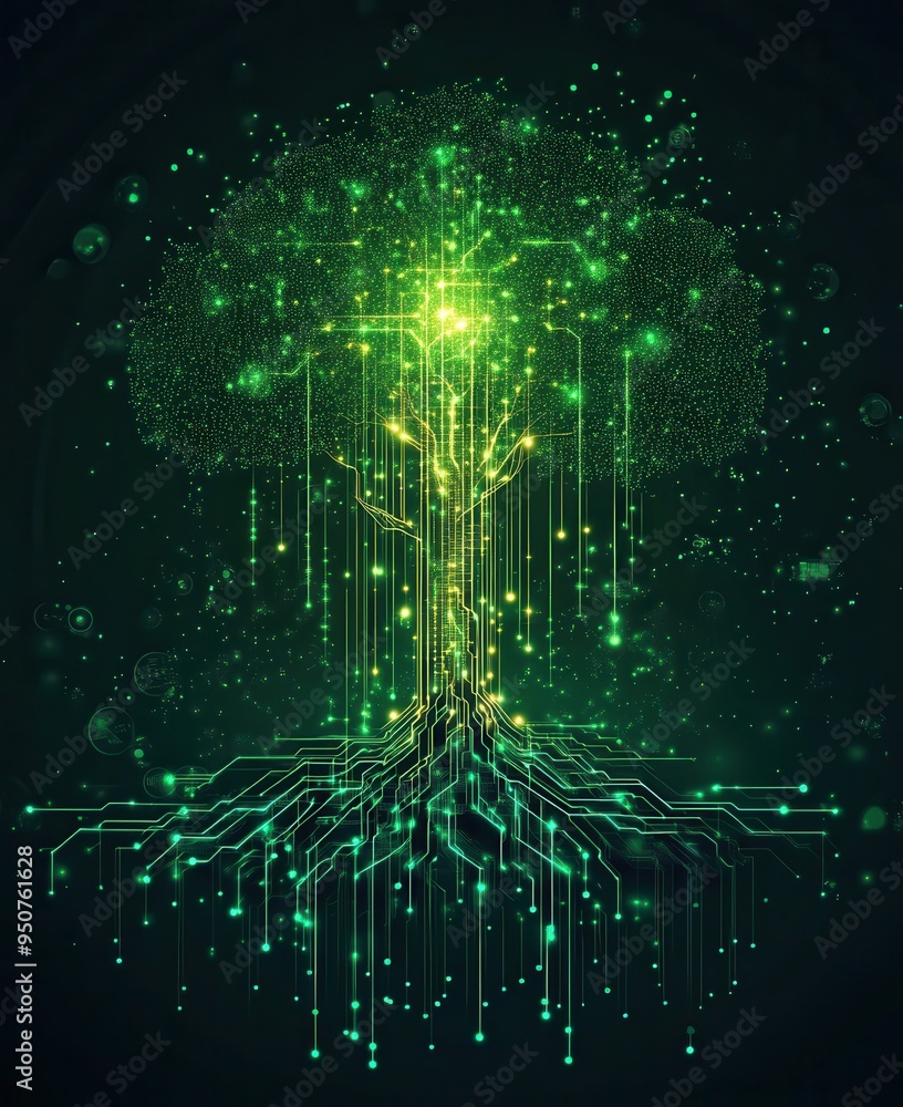 Poster futuristic artificial intelligence tree blending technology and nature with glowing green circuits a