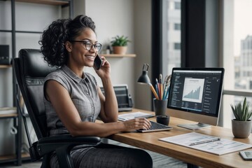 Obraz premium In the office, an attractive happy African American woman sits in a chair, smiling and using a mobile phone