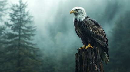 A majestic bald eagle perched elegantly on a tall wooden stump against a mist-laden forest background