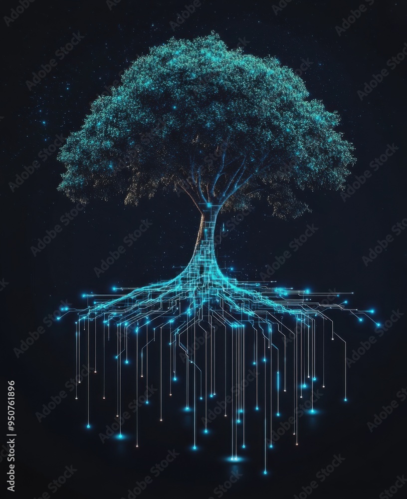 Poster digital tree with roots resembling circuit lines representing the fusion of technology and nature in