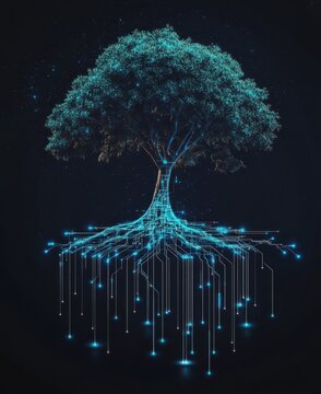 Digital tree with roots resembling circuit lines representing the fusion of technology and nature in an artificial intelligence concept art