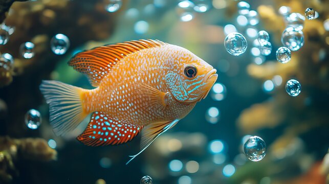 The majestic orange cichlasoma severum swimming gracefully amongst the bubbles in Its vibrant aquarium habitat