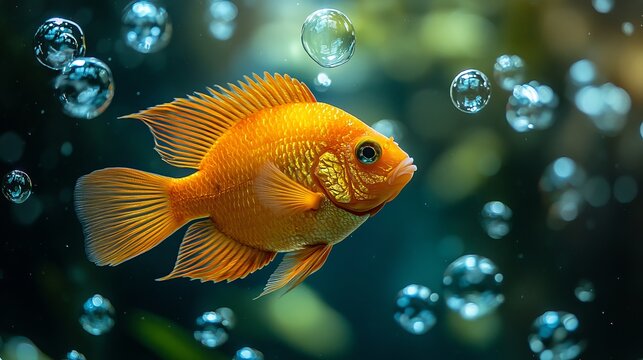 The majestic orange cichlasoma severum swimming gracefully amongst the bubbles in Its vibrant aquarium habitat