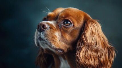 Obraz premium Elegant and intelligent spaniel captured in a close-up portrait against a dark, moody background, showcasing its regal appearance and graceful demeanor