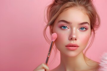 Radiant Beauty: A Soft Pink Makeup Look Against a Pastel Background