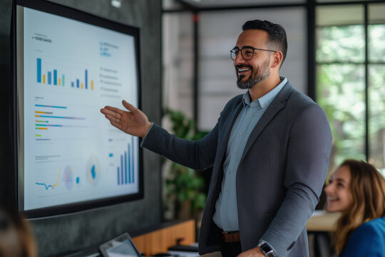 Businessman presents a graph to his team, smiling as he points at it on the screen