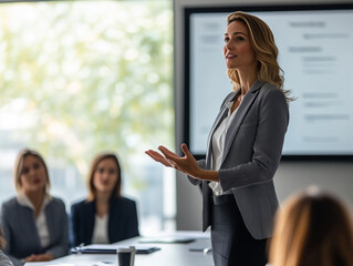 Female executive is delivering a presentation to her coworkers in a meeting room