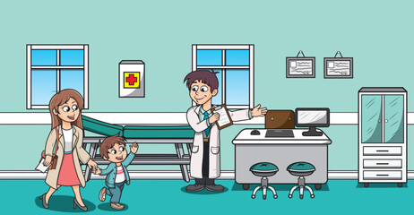 Consultorio médico, doctor recibiendo a sus pacientes, una madre y su hijo pequeño. ilustracion estilo infantil.
