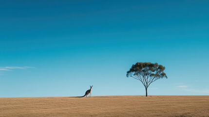 Naklejka premium a lone kangaroo standing beside a slender eucalyptus tree in a golden field