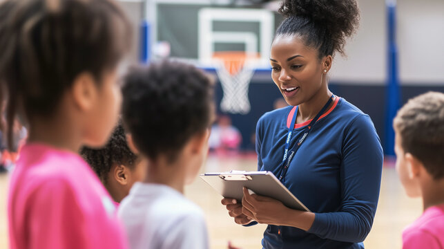 Female basketball coach holding a clipboard and talking to her team during a time-out