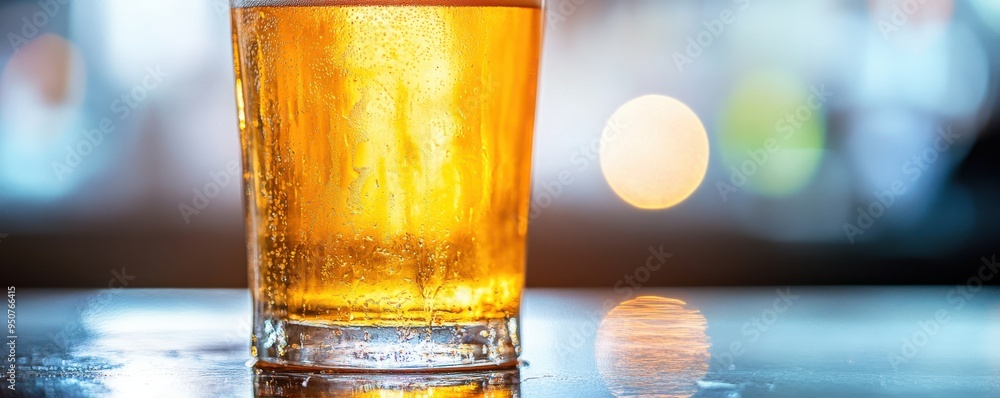 Poster macro shot of a refreshing beer glass on a table, capturing condensation and light reflections in a 