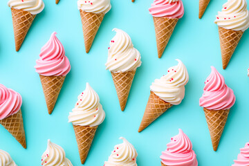 A variety of cones with vanilla and strawberry soft serve ice cream are arranged on a bright blue background, creating a colorful and refreshing appearance