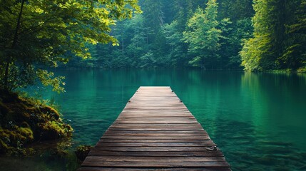 Wooden Dock Extending into a Calm Emerald Lake Surrounded by Lush Green Forest