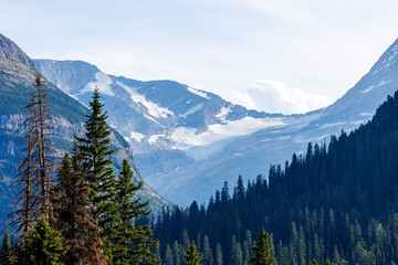 View of a glacier from Going To The Sun Road at Siyer Bend in Glacier National Park during summer. 