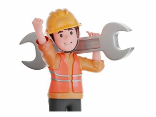 3d cartoon character of a worker wearing an orange vest and yellow helmet holding a spanner laughing cheerfully, isolated transparent background, International Labor Day. International Worker’s Day