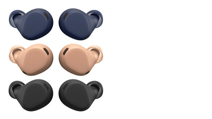 Three pairs of wireless headphones isolated on white copy-space background.