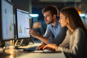 Naklejka premium Two business colleagues working late, analyzing charts and data on a computer screen in a modern office