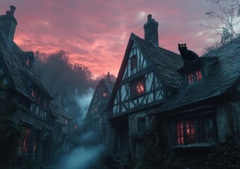 Mysterious Village at Twilight with Misty Fog and Illuminated Windows Surrounded by Dense Forest and Dramatic Sunset Sky