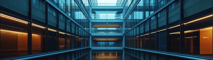 Modern Glass Office Building Interior With Illuminated Windows