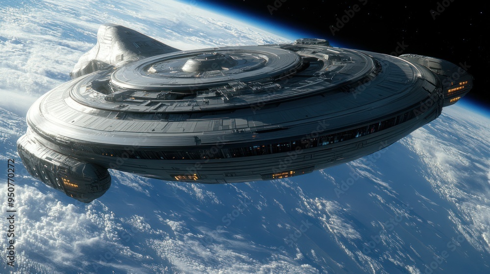 Poster futuristic spaceship hovering over earth's atmosphere