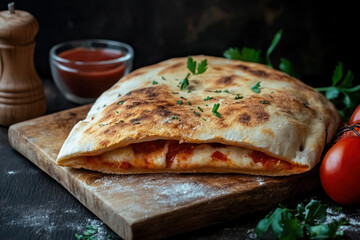 freshly baked calzone with melted cheese and tomato sauce