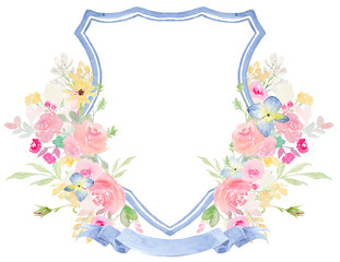 Pastel Summer Watercolor Flowers Wedding Crest template PNG. Wedding Design	