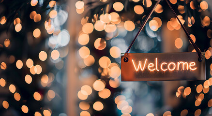 The text “Welcome” against a blurry background of lights. Welcome concept, signage at the entrance.
