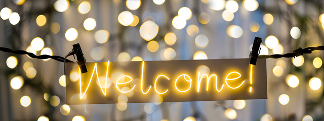 The text “Welcome” against a blurry background of lights. Welcome concept, signage at the entrance.