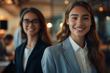 Obraz premium diverse group of confident and smiling young business people standing in their office, showcasing teamwork and professionalism.
