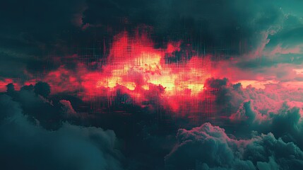 Overcast sky with digital glitch effects on dark clouds, gloomy weather, glitch art, moody atmosphere, distorted reality.