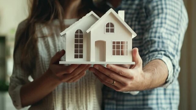 A couple joyfully holding a small model of a house, symbolizing their recent purchase in the real estate market. They stand together in a warm, inviting room.