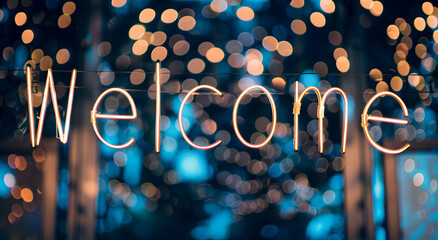 The text “Welcome” against a blurry background of lights. Welcome concept, signage at the entrance.