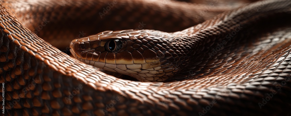 Poster macro shot of a cobra displaying its intricate skin pattern and hood in vivid detail, showcasing the