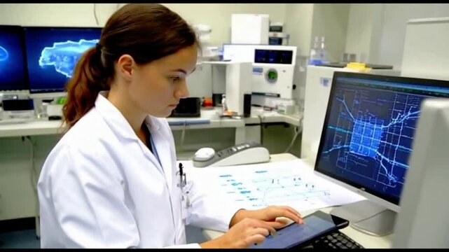 Uma jovem e inovadora cientista cria diligentemente um diagrama complexo usando tecnologia de IA de ponta em um laborat&oacute;rio de &uacute;ltima gera&ccedil;&atilde;o.