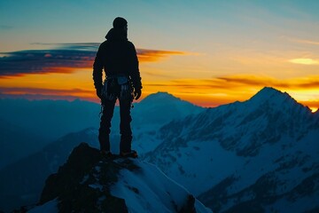 silhouette of a man standing on top of a mountain during winter, showcasing the triumph of a challenging climb.