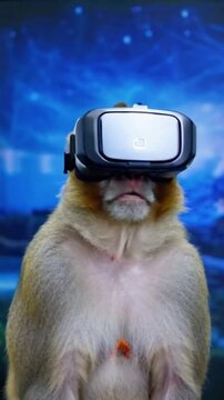 Retrato de macaco chimpanz&eacute; usando &oacute;culos de realidade virtual ou tecnologia de realidade aumentada, conceito de fundo de realidade virtual, tecnologia digital e do mundo do simulador