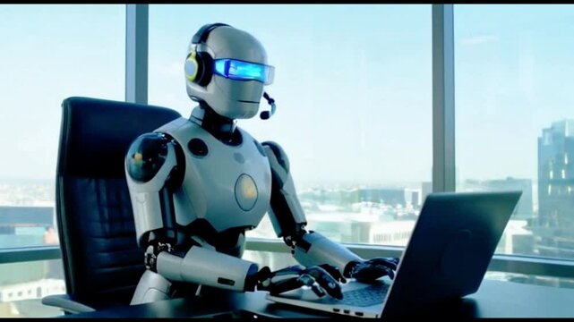 Intelig&ecirc;ncia artificial, ou rob&ocirc; de IA trabalhando no escrit&oacute;rio usando laptop de computador e digitando no teclado, Tecnologia no futuro, Rede de comunica&ccedil;&atilde;o.