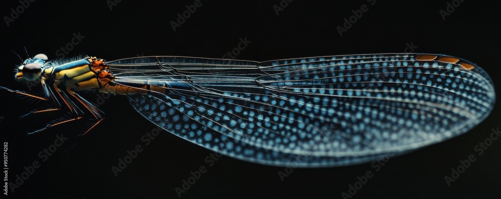 Poster macro shot of a damselfly's intricate body and wings in stunning sharp focus against a dark backgrou