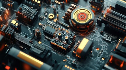 Close-up of a Circuit Board with Glowing Orange Components