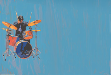 batteur jouant avec énergie sur une batterie colorée, capturant l'esprit du rock et de la musique live sur un fond bleu vif espace négatif copyspace