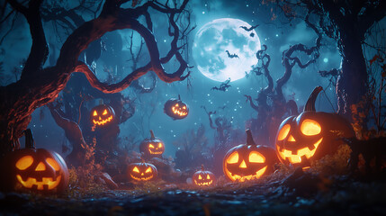 Spooky Halloween Scene with Glowing Jack-O'-Lanterns Under a Full Moon