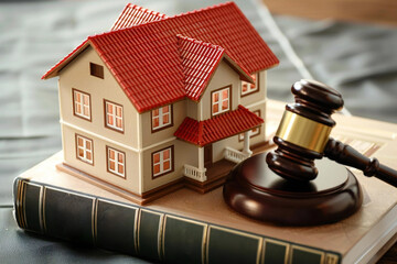 close-up shot of a house model with a red roof sitting on top of a law book, with a gavel resting beside it. The image represents the intersection of real estate and law, perfect for a legal