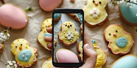 A food blogger captures images of an egg shaped Easter sugar cookie using a smartphone The influencer photographs decorated cookies featuring adorable chicks Creative Easter baking inspirat