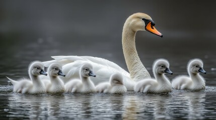 Obraz premium The elegant swan leads her six fluffy cygnets through the tranquil waters, creating ripples as they glide. The soft light enhances their beauty
