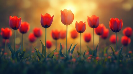 The sun sets over a lush field of striking red tulips, creating a warm and inviting atmosphere. The flowers stand tall, swaying gently in the soft breeze, celebrating the arrival of spring