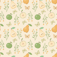 Seamless pattern with apples, pears, flowers and butterflies