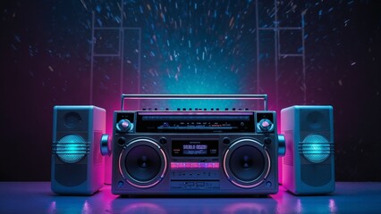 Vintage boombox with two large speakers. On a purple-blue background, nostalgic atmosphere.