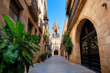 Barcelona&acirc;&euro;&trade;s medieval streets, illustrated with narrow alleyways, Gothic spires, and the sense of stepping back in time