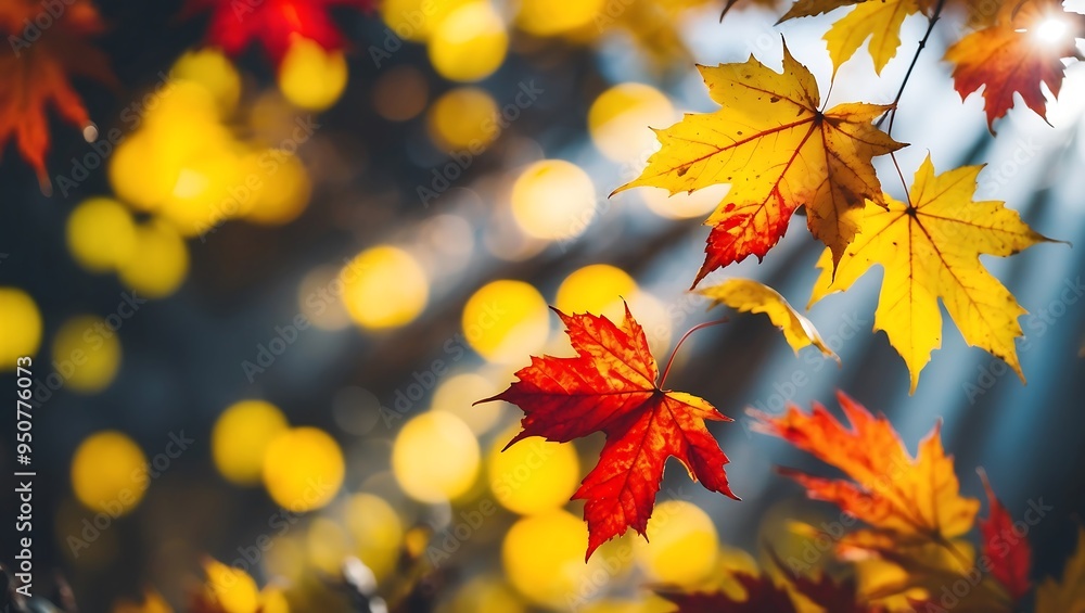 Wall mural close up beautiful blurred autumn background with yellow-red leaves in the rays of sunlight on a dar