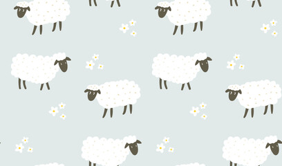Cute sheeps pattern, seamless texture, white silhouettes and daisy, simple kids repeat motif, pastel blue background